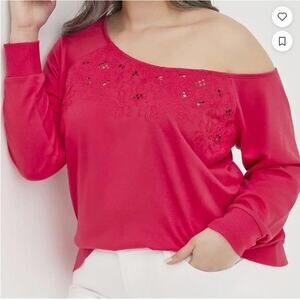 Torrid Top Wmns Plus Size 4 Dark Pink Off Shoulder Sweatshirt Floral Cutouts NEW